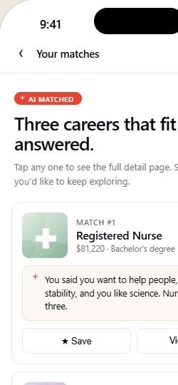 An assessment results screen with matched careers